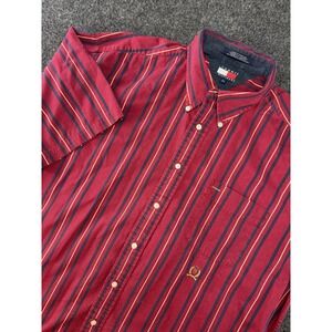 Vtg Tommy Hilfiger Striped Button Down Shirt Red Blue 100% Cotton XL 26x31